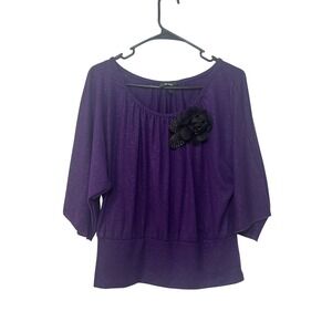 Y2K B. Wear Purple‎ Sparkle Blouse XL Flower Applique Party Top Women's
